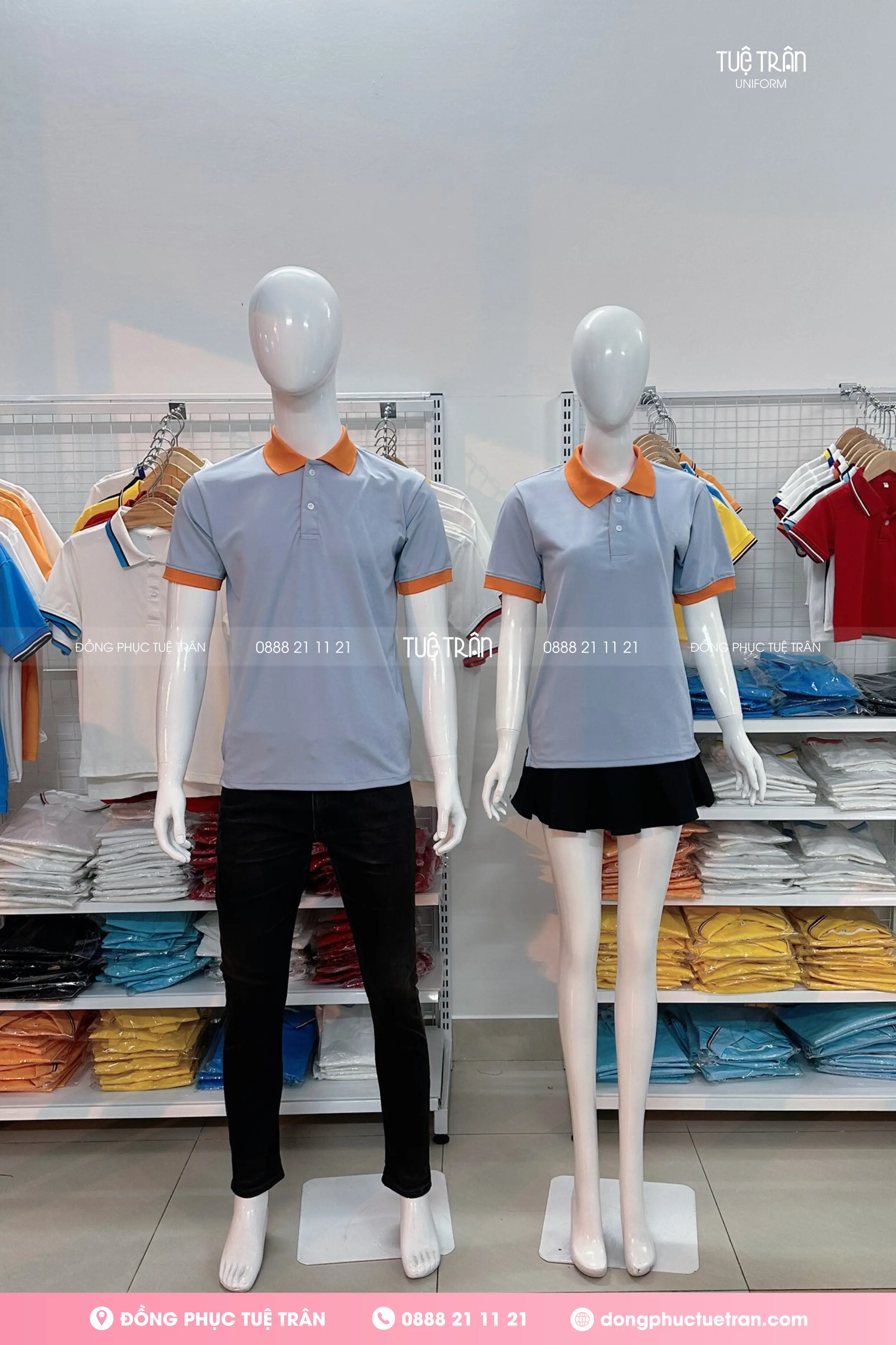 Áo thun đồng phục xám trắng phối cổ cam đậm